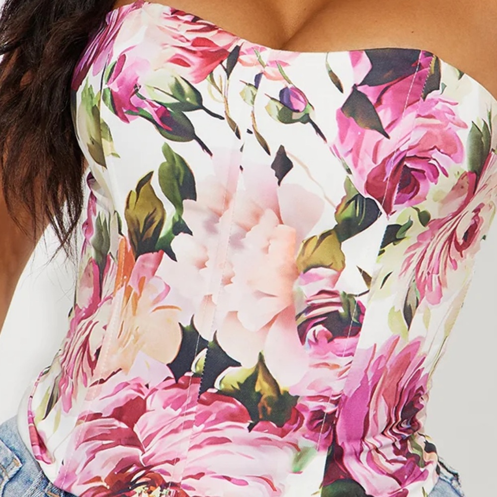 Fashion Nova Floral Strapless Crop Top - Pink and Green